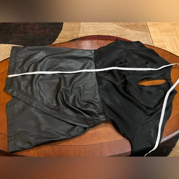 Maeve Anthropologie Black Satin and Vegan Leather Mini Dress. Cowl neck. Size 16 - Picture 15 of 16
